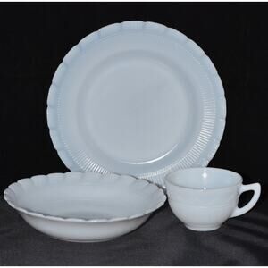 MACBETH EVANS CREMAX Opalescent Glass OXFORD 4pc Set Bowl-Plate-Cup-Saucer